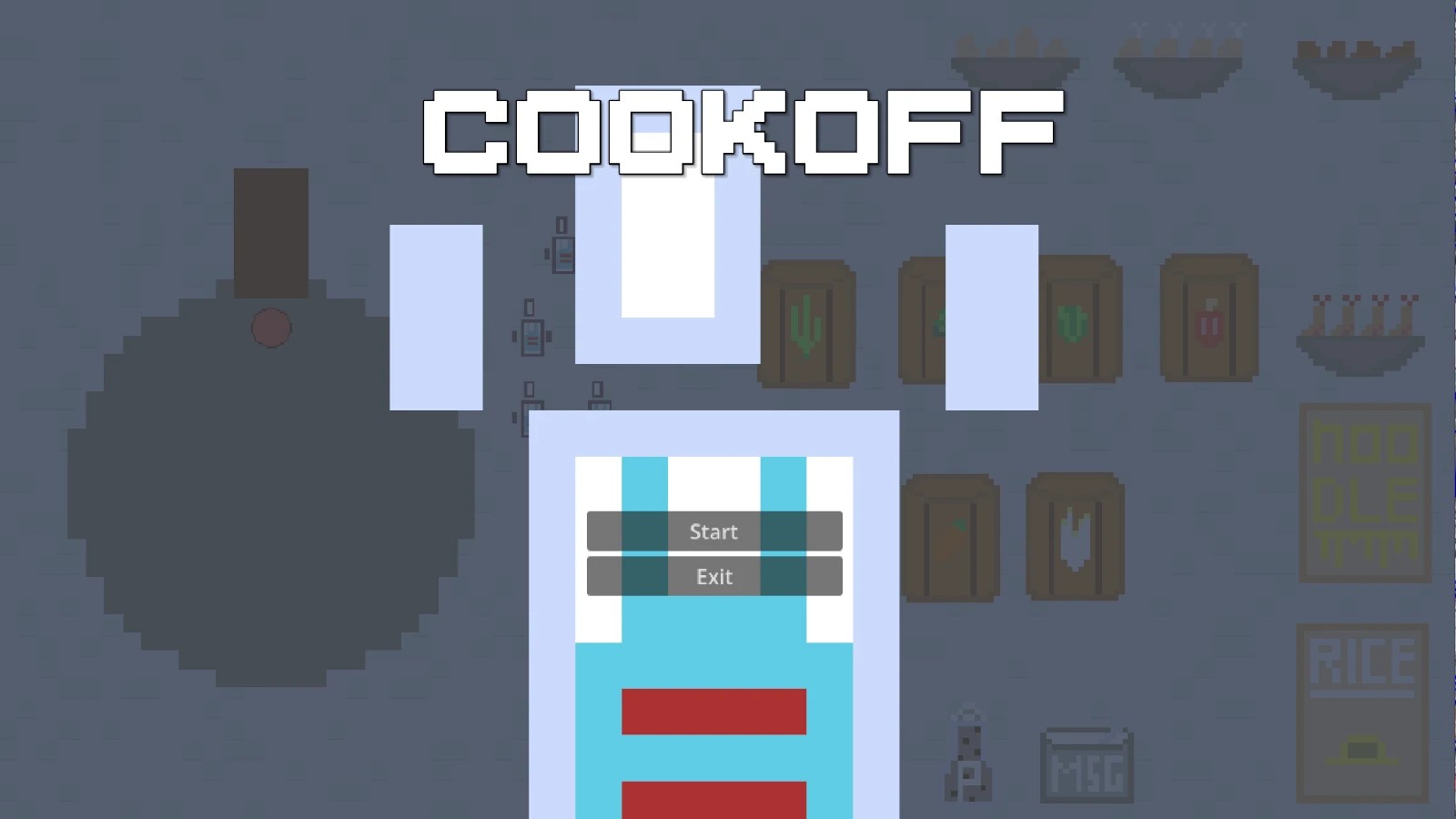 「Cookoff」ゲームのメインメニューを示す画像。タイトル、開始ボタン、終了ボタンが表示されている。