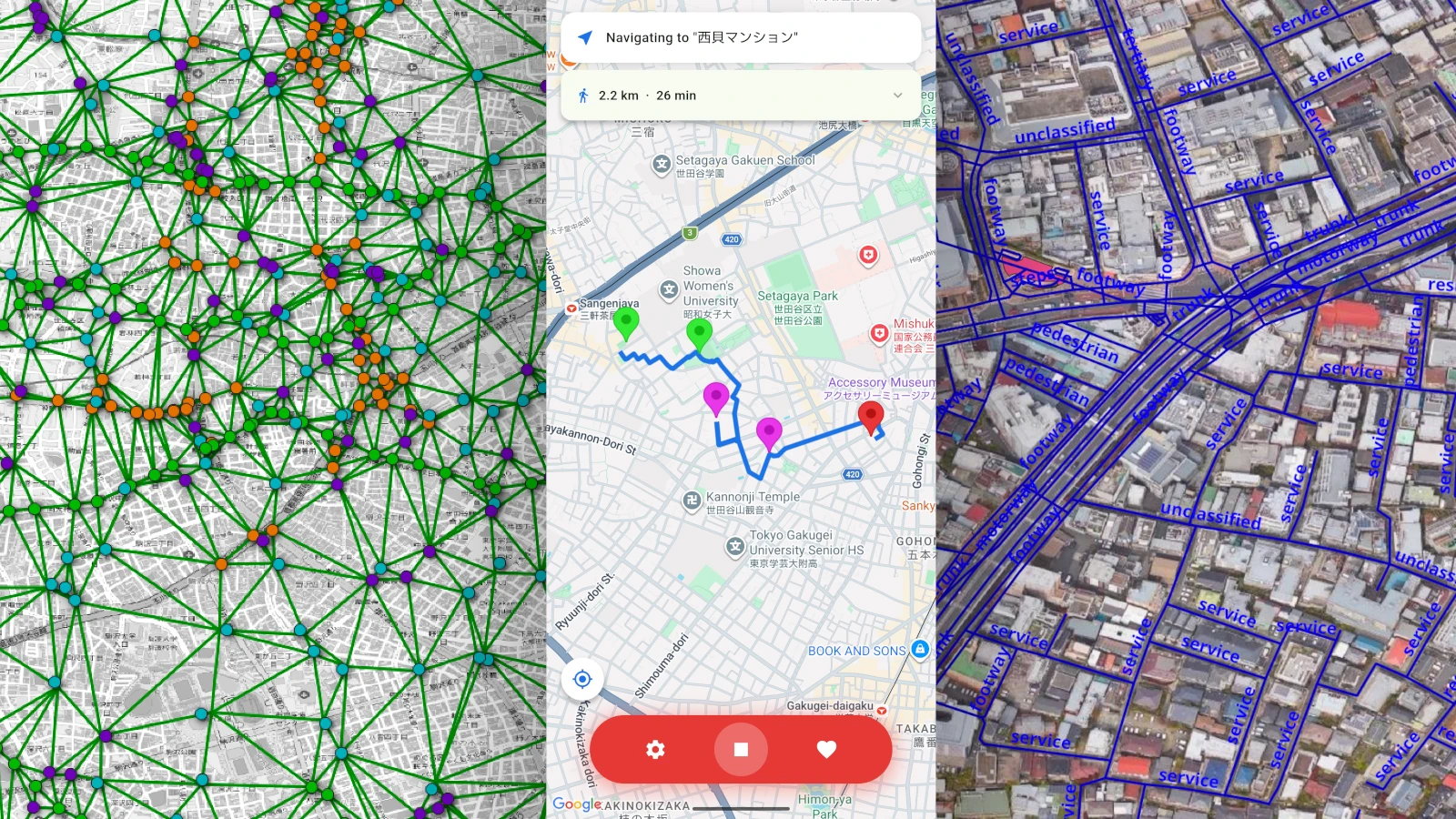 ユーザー向けに生成されたルートと、地図上に表示されたデータベースデータの可視化を示すアプリの画像。